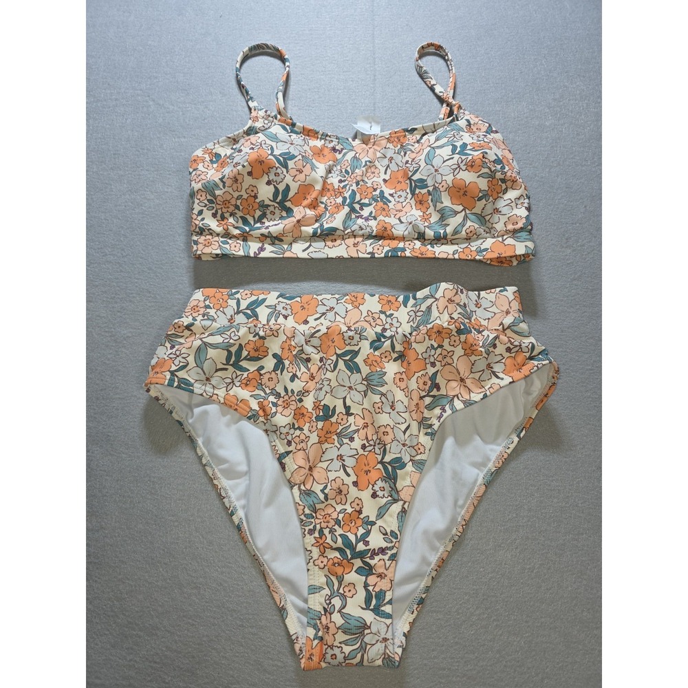 Cupshe Cream Floral High-Waist Bikini Set with Peach & Teal Accents